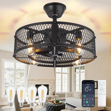 Caged Ceiling Fan with Lights: 20" Rustic Bladeless Ceiling Fans with Remote App Control Kitchen Patio - Farmhouse