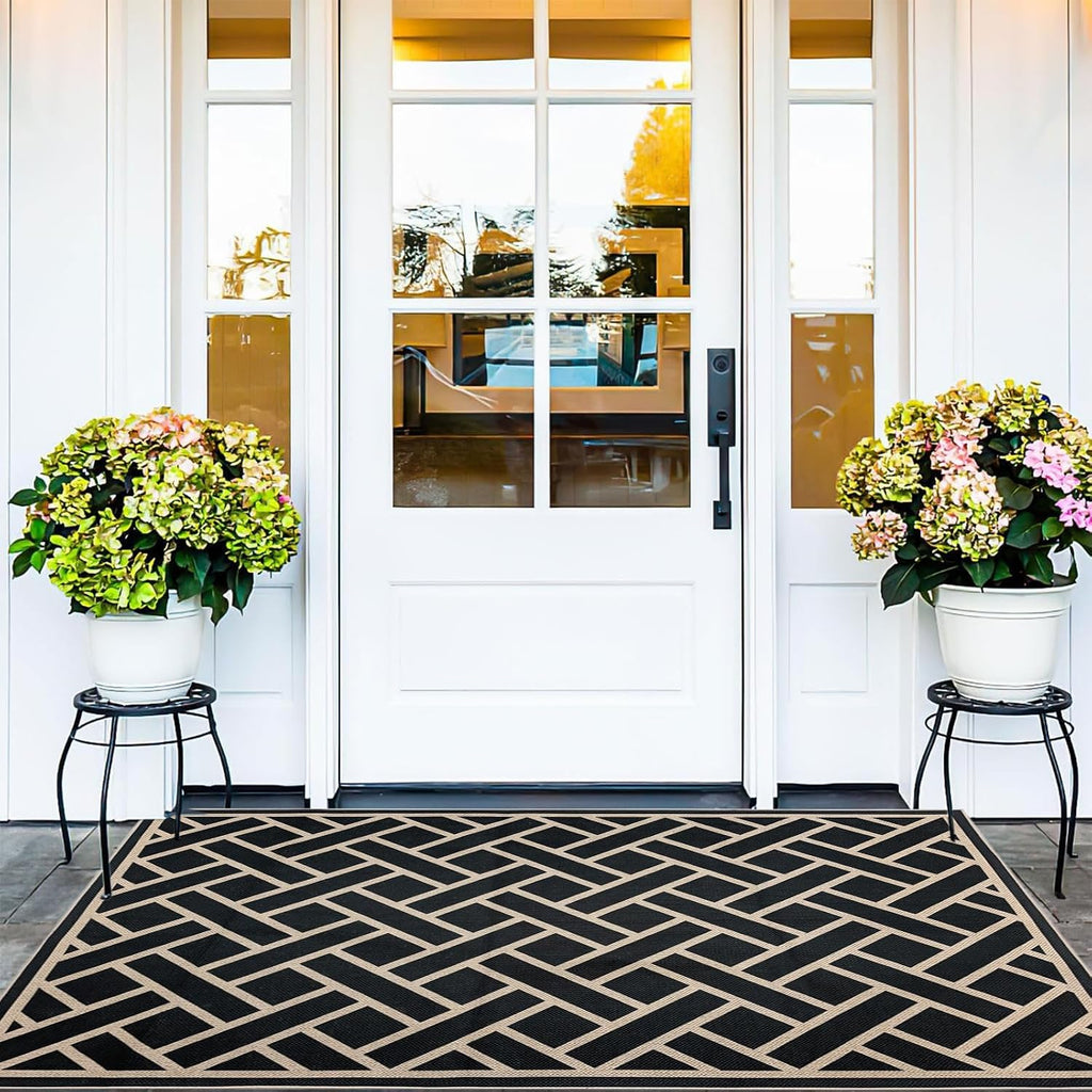 Easy Jute Outdoor Patio Rug Checkered Farmhouse Washable Rugs Indoor Outdoor Area Carpet Non Slip Black Living
