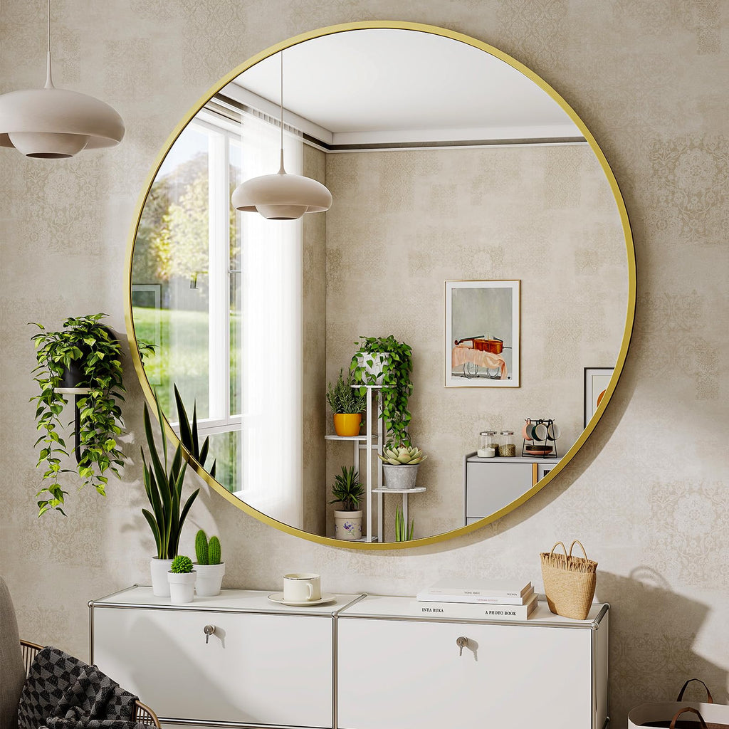 30 Inch Round Mirror, Metal Frame Circle Mirror, Gold