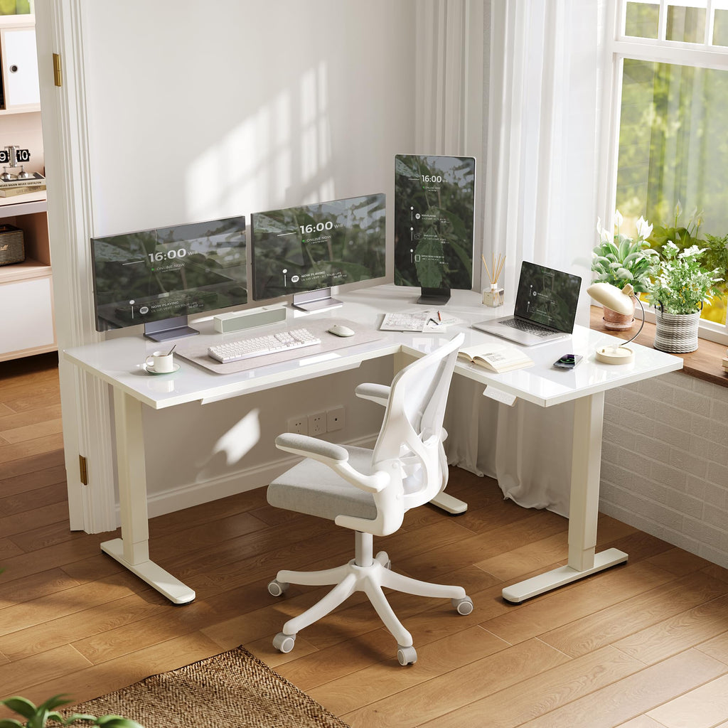 L Shaped Glass Standing Desk with Drawers, 63x55 Inch, White