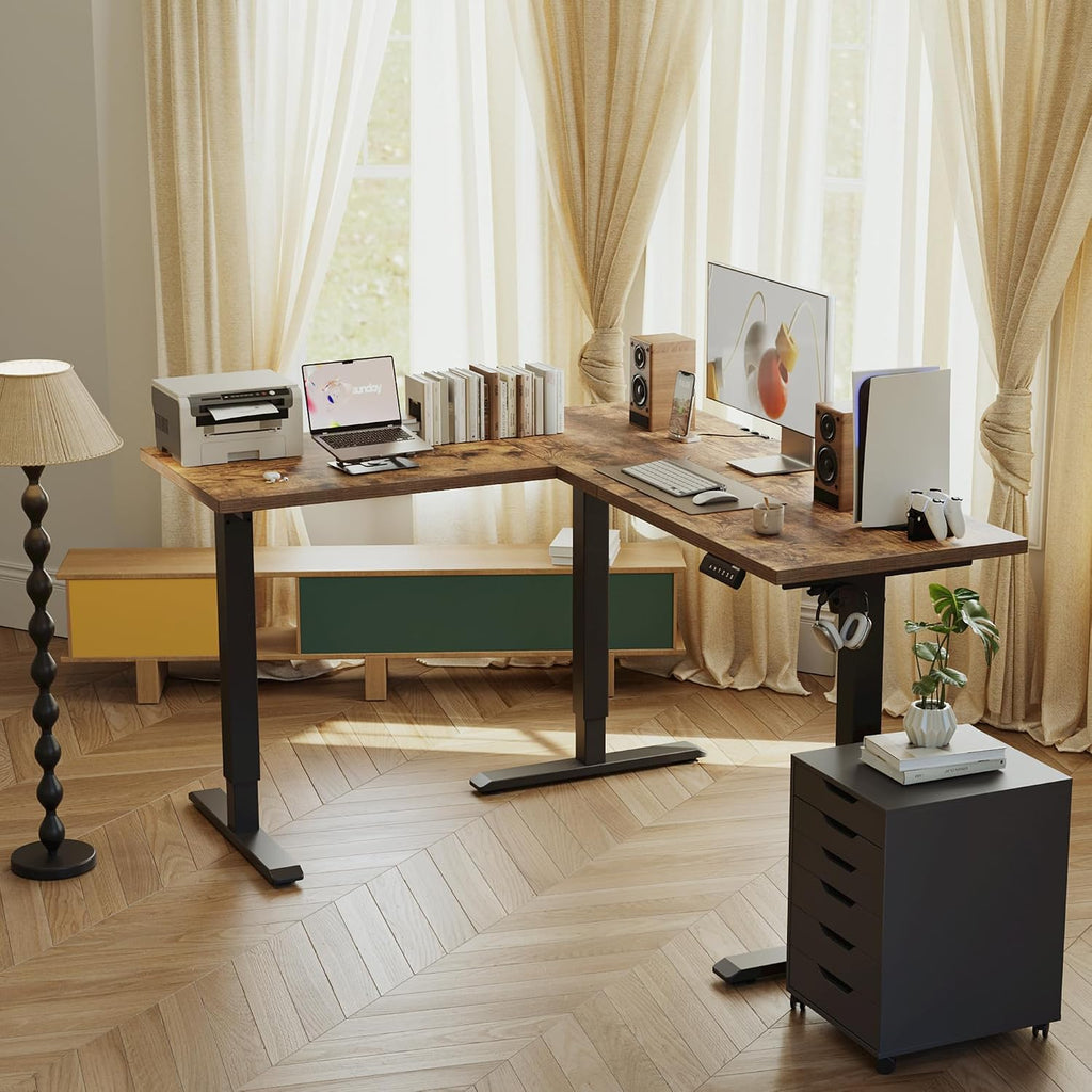 L Shaped Standing Desk Adjustable Height, 59 Inch, Rustic Brown | Electric Height Adjustable, Spacious Corner