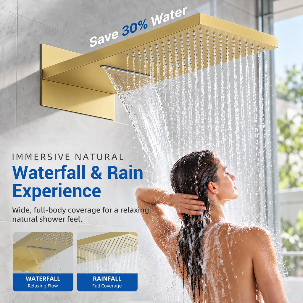 Thermostatic Shower System, Waterfall Shower Head(Brushed Gold)