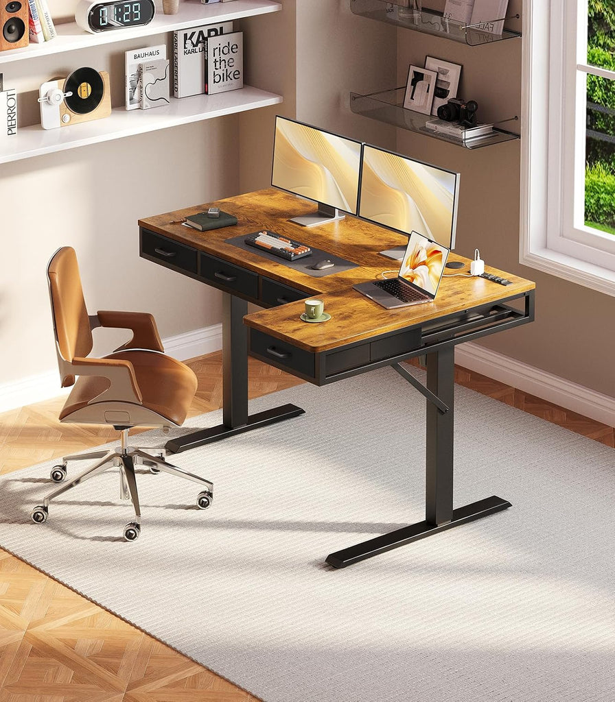 55 Inch L Shaped Electric Standing Desk with 4 Drawers, Rustic Brown | Reversible Corner Table, Office Desk With 4