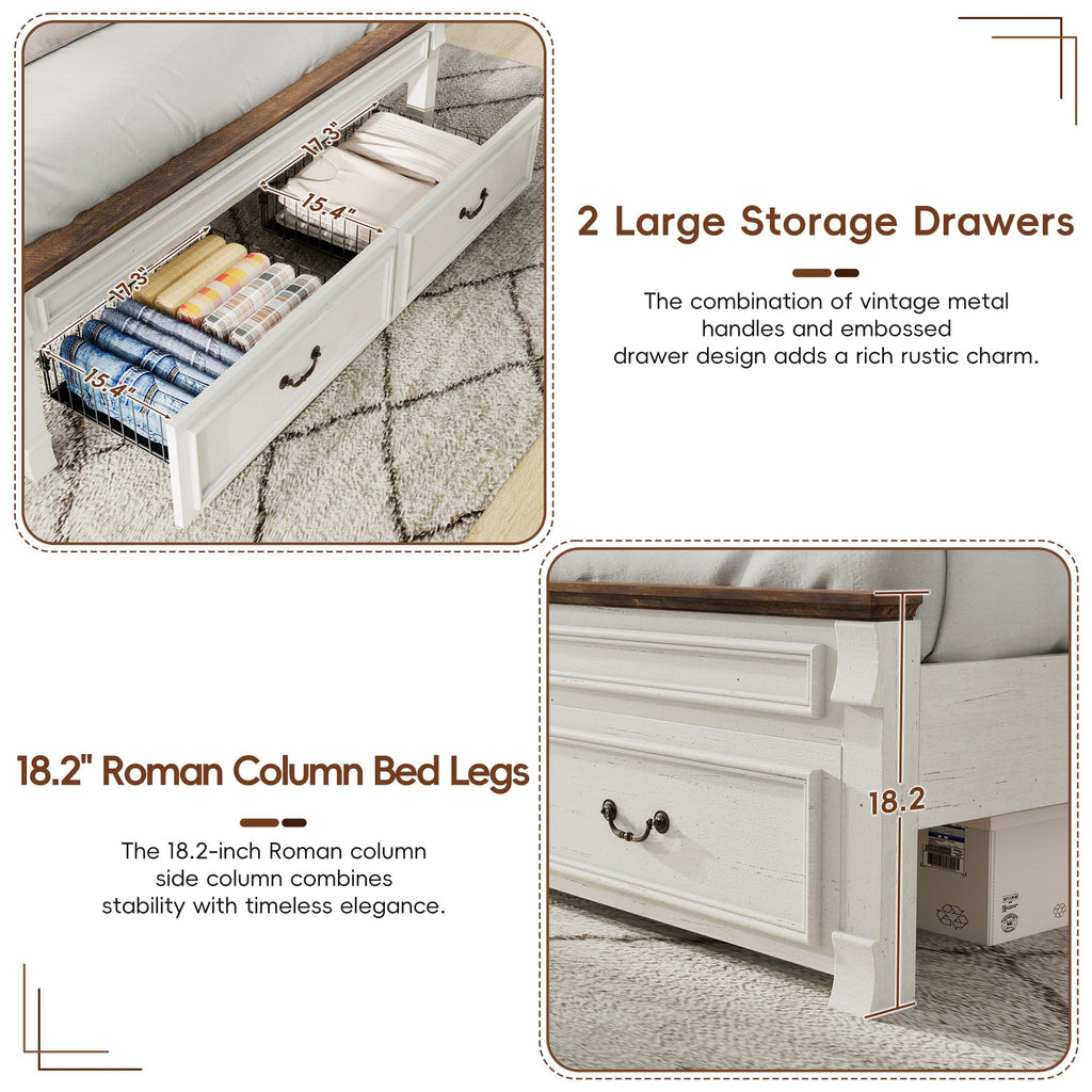 Farmhouse Bed Frame with 51" Tall Headboard, 2 Drawers, Antique White