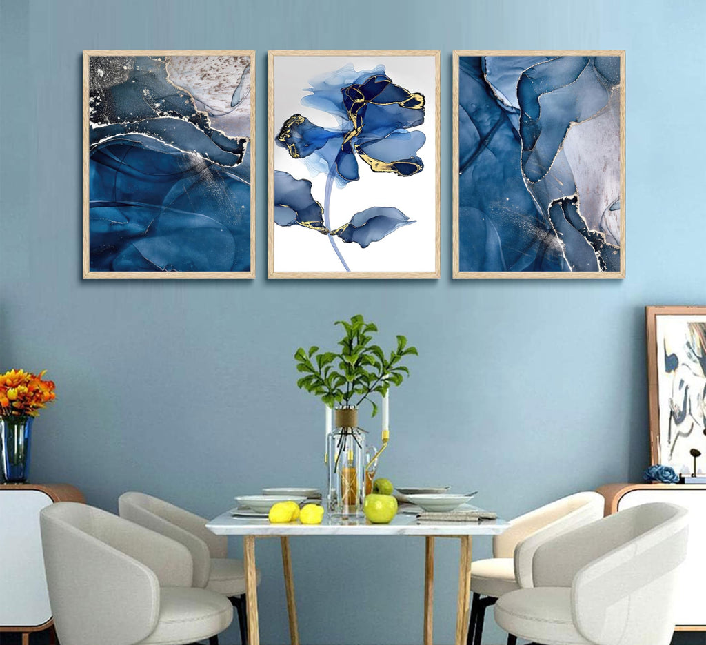 Abstract Marble Wall Art Blue And Gold Wall Decor Modern Canvas Paintings Abstract Flower Poster Picture Bedroom