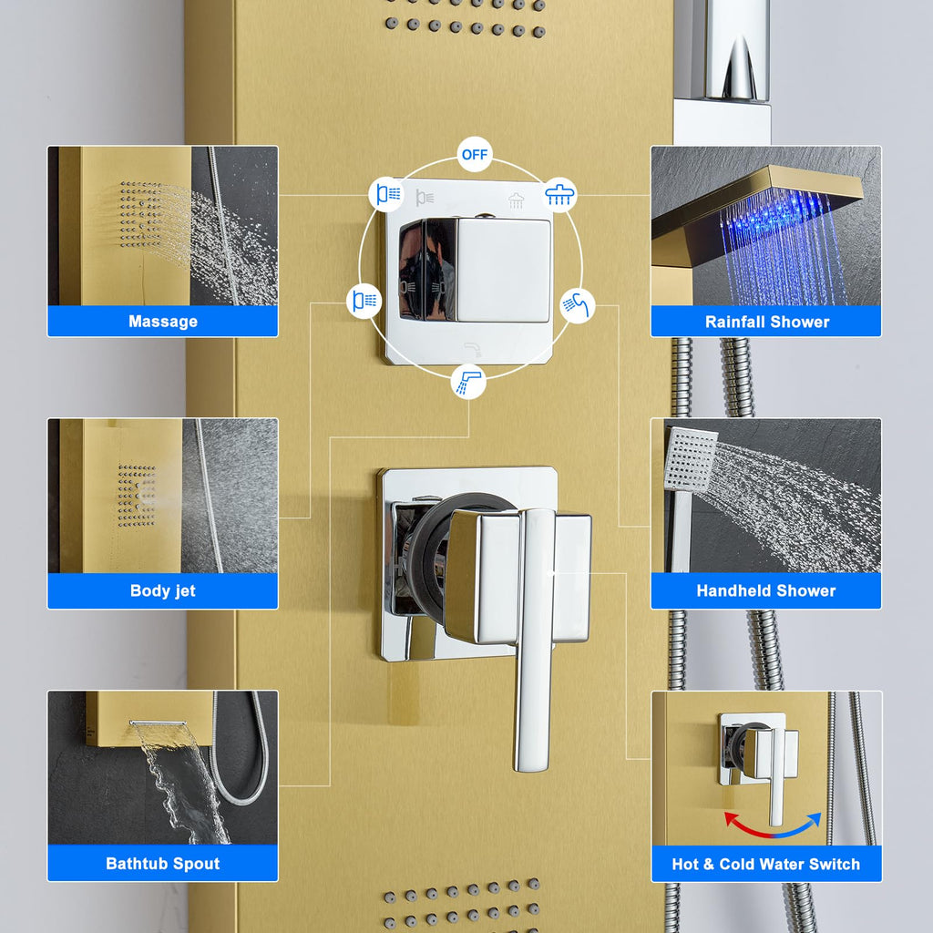 5-in-1 LED Shower Panel Tower System Stainless Steel Gold