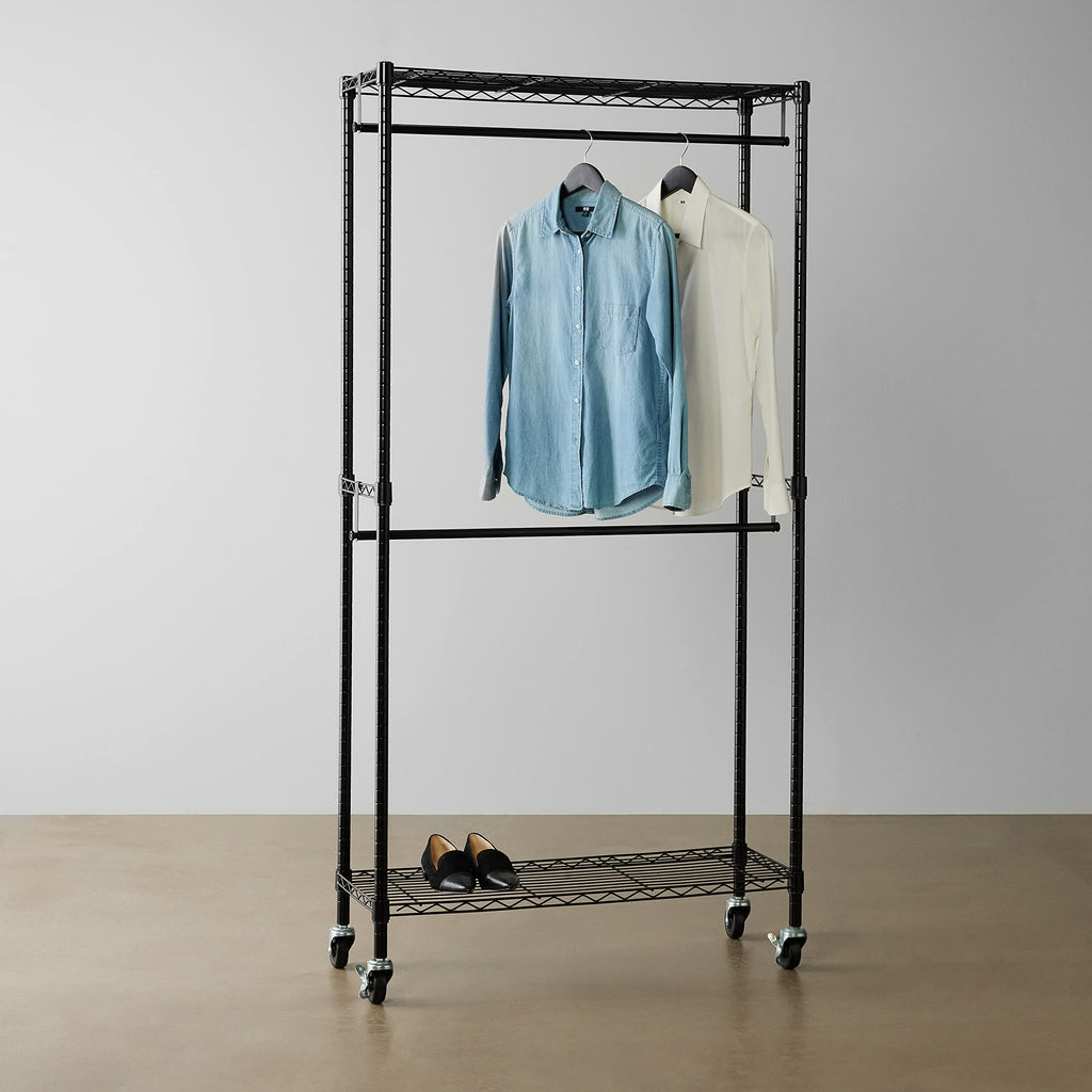 Adjustable Double Rod Rolling Garment Rack, Hanging Clothes Closet Organizer with Wheels, Heavy Duty, 36" x 14" x