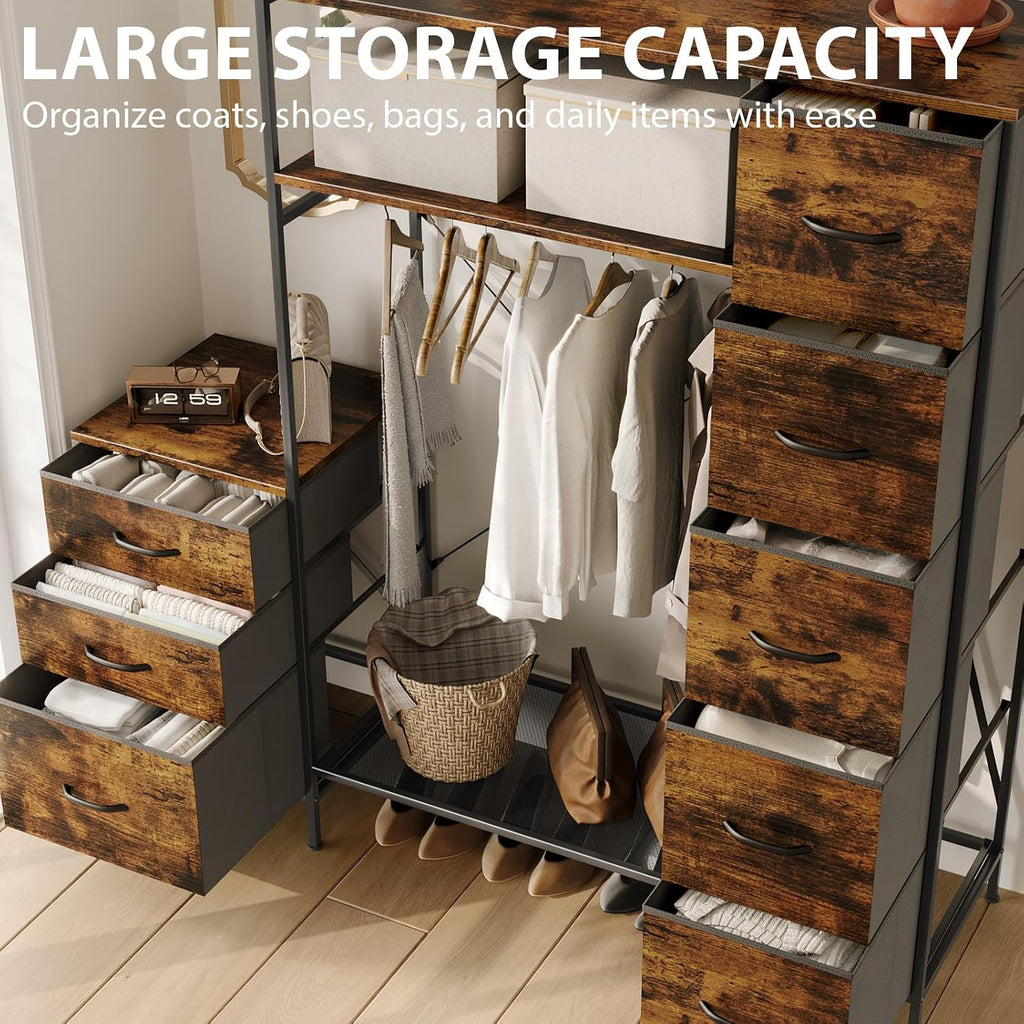 Clothes Rack with 8 Drawers, 4 Shelves & LED, 55" W×57" H Dresser with Hanging Rack, Portable Garment Rack