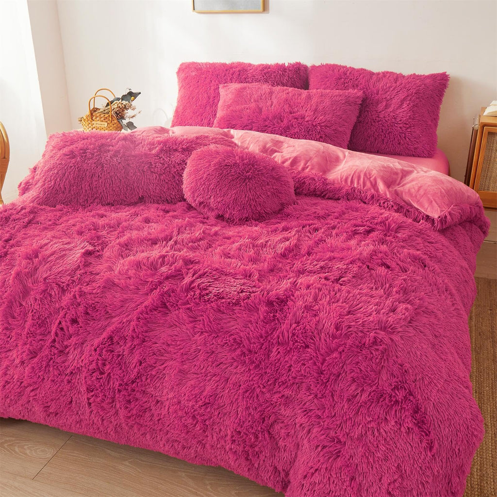 Fluffy Faux Fur hot Pink Comforter Cover Set - Ultra Soft Plush Bedding Sets 3 Pieces (1 Fluffy Duvet Cover + 2