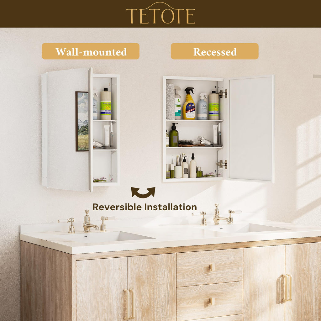 20 x 28 Bathroom Mirror Cabinet with Tempered Beveled Mirror White Medicine Cabinet Aluminum Cabinet DTC Hinges