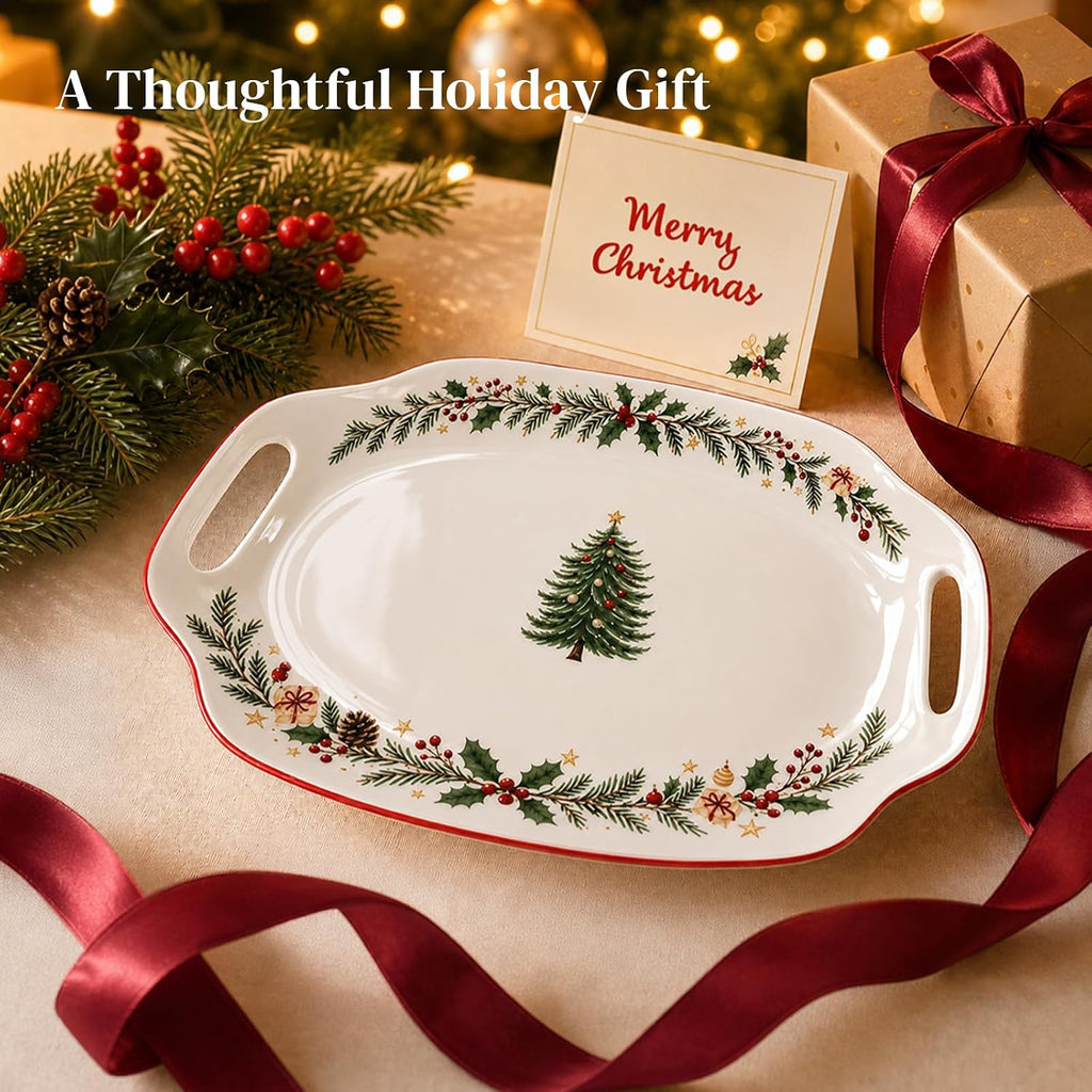 Christmas Serving Tray with Handles - 16.5 Inch Large Ceramic Platter for Turkey, Ham & Party Food, Rectangular