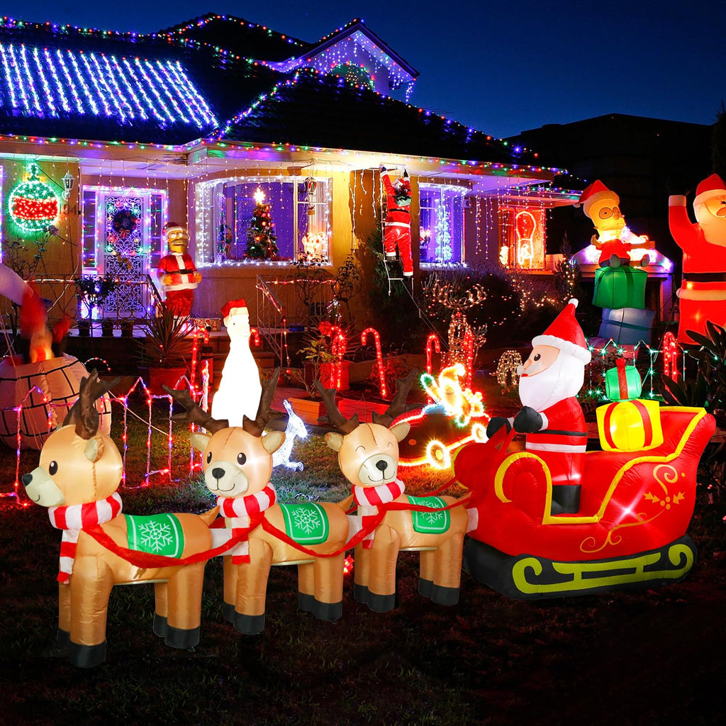 12FT Christmas Inflatable Outdoor Santa Claus on Sleigh & Reindeer Decor