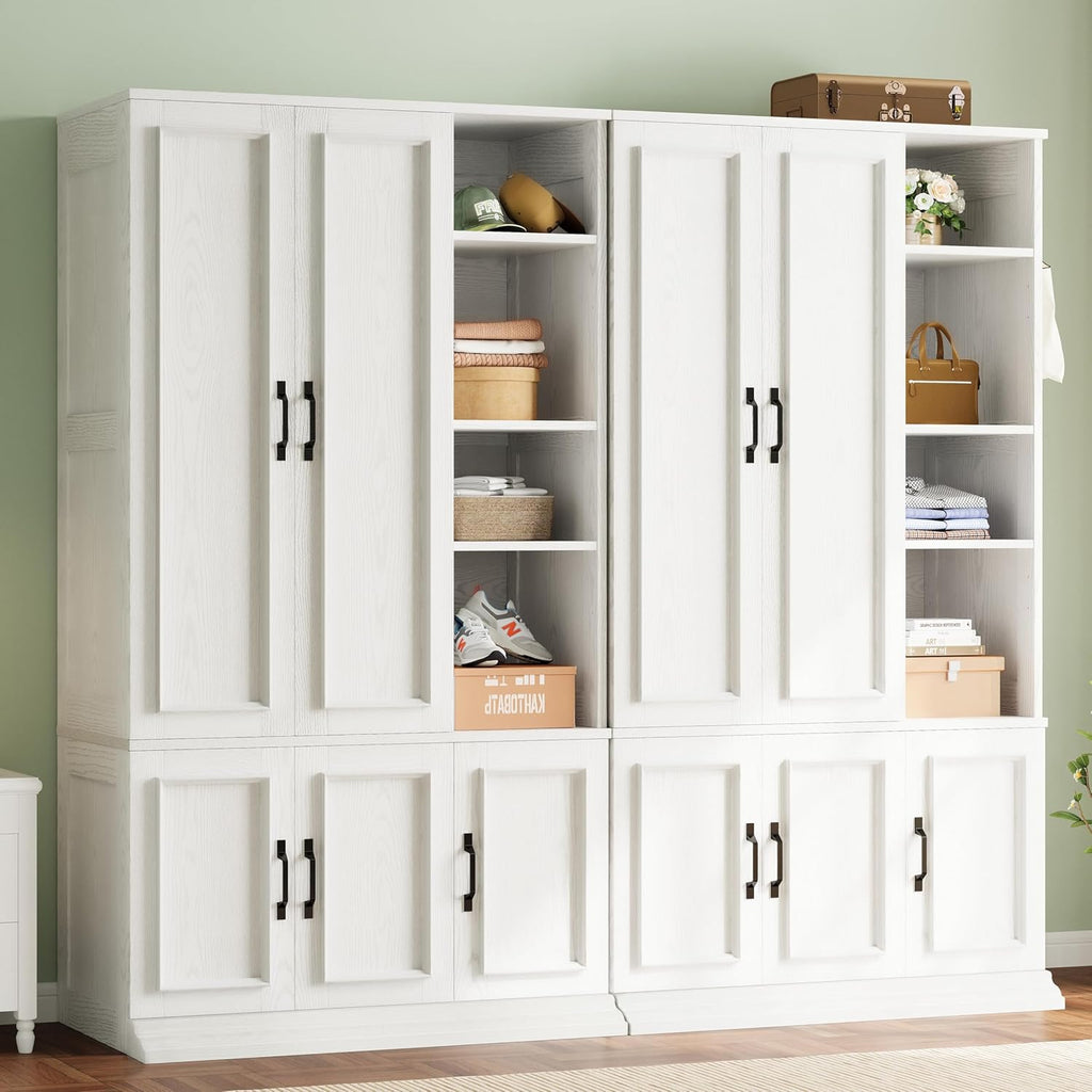 Armoire Wardrobe Closet 70" H, 5 Doors , White | Wooden Wardrobe with 4 Storage Shelves and Hanging Rod, Clothing