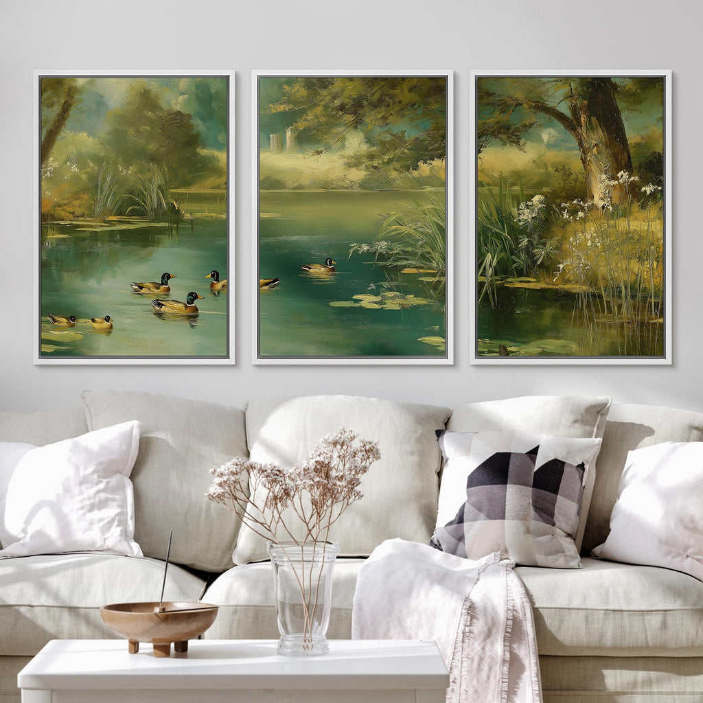 Framed Canvas Print Wall Art Set Serene Duck Pond Nature Landscape with Water Lilies Illustrations Fine Art