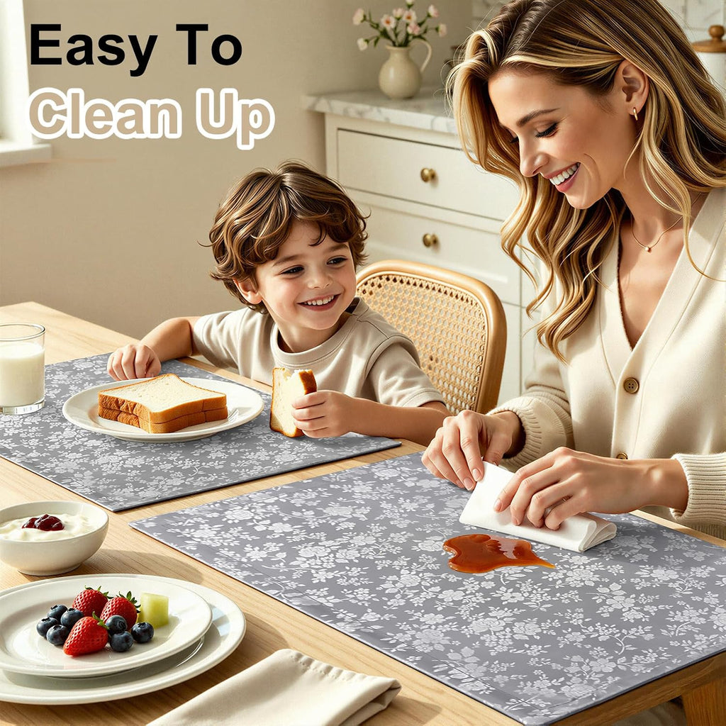 Waterproof Wipeable Vinyl Placemats, Grey, 13 x 19 Inch - Set of 4