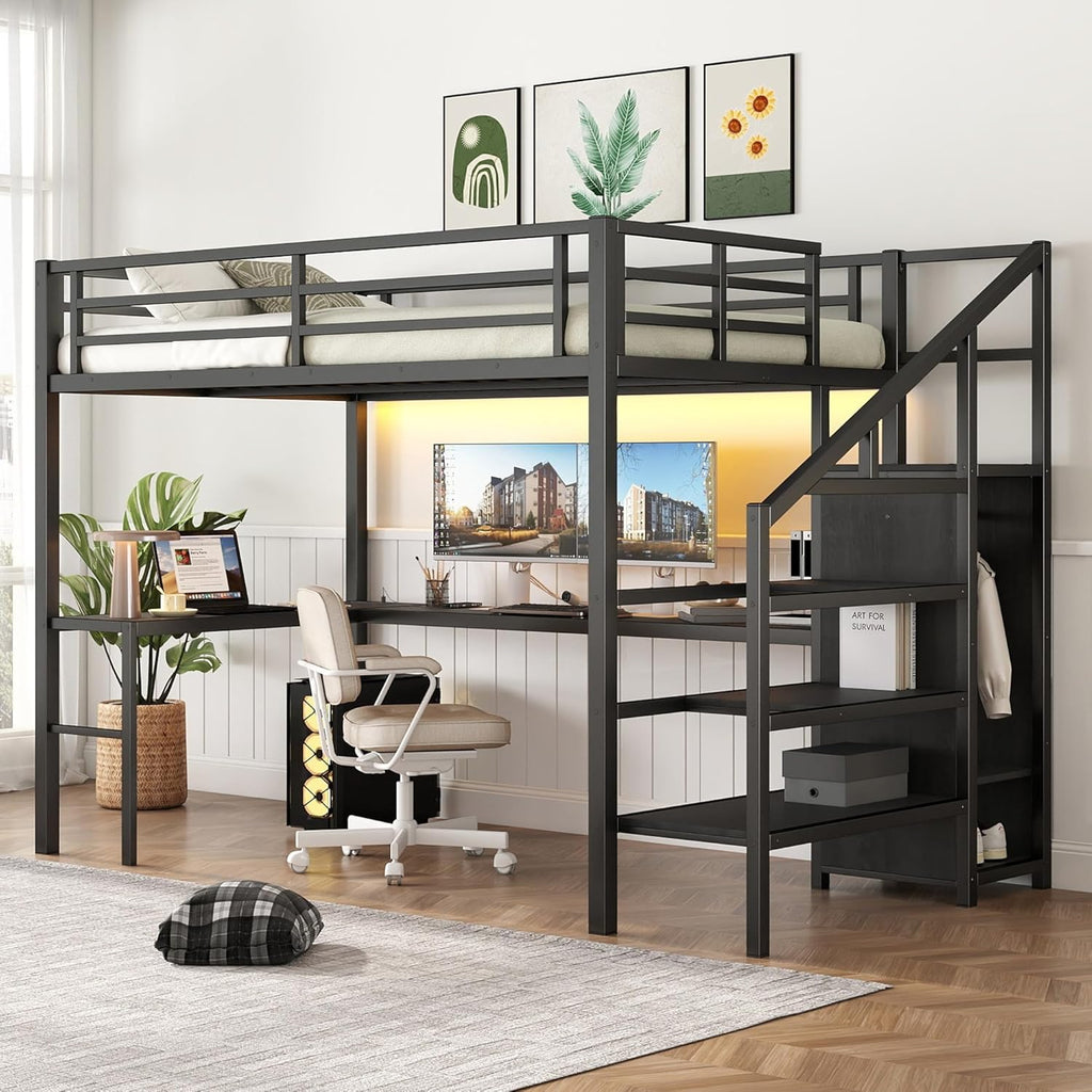 Full Metal Loft Bed with L Shaped Desk and Wardrobe, Heavy Duty Loft Bed Frame with Storage Stairs