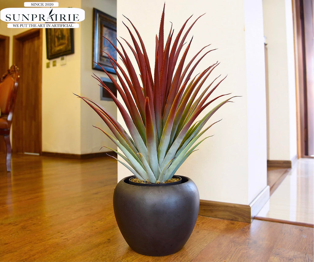 Hyper Realistic Big Red Artificial Aloe Vera Plant 26 Inches Tall. Large Faux Agave in Matte Black Pot.