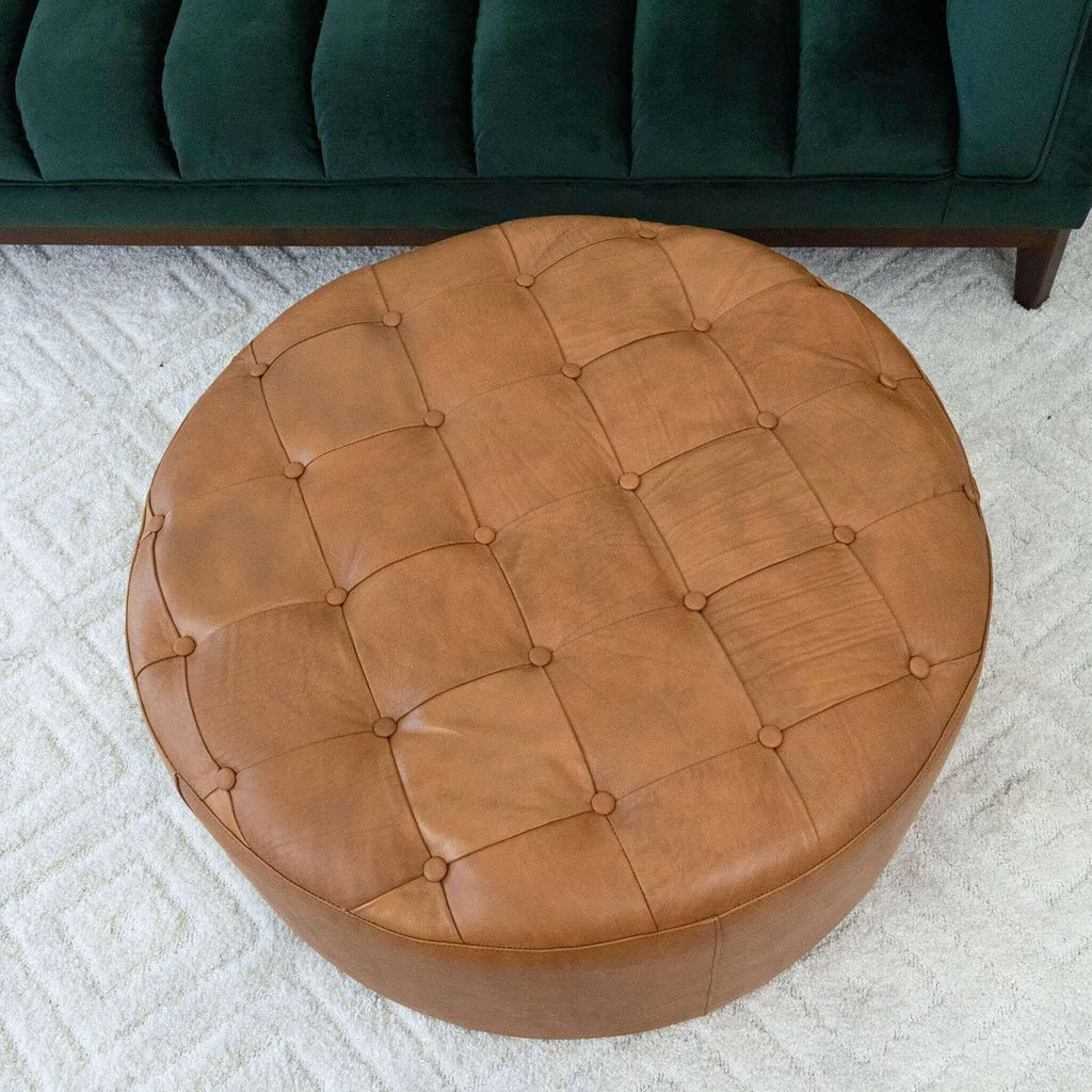 37.4" Round Leather Ottoman, Mid-Century Modern Tufted Pouf Ottoman Foot Rest, Oversized Coffee Table Ottomans