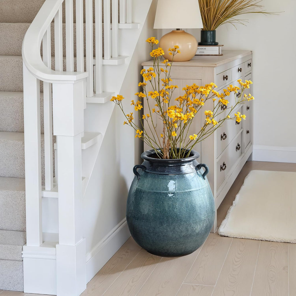 LuxenHome Large Rustic Floor Vase, 17.5'' Tall Ocean Blue Round Ceramic Vases for centerpieces, Farmhouse Flower Vase