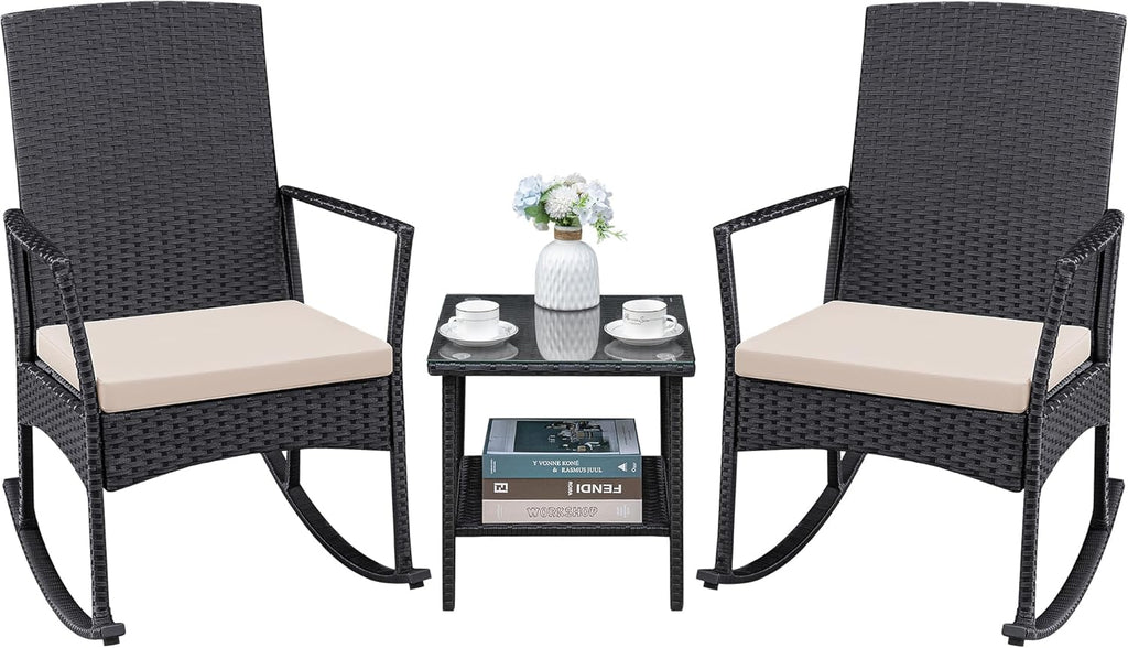 3 Pieces Patio Furniture Set Outdoor Wicker Rocking Chairs,Beige | With Glass Coffee Table for Garden Backyard Porch