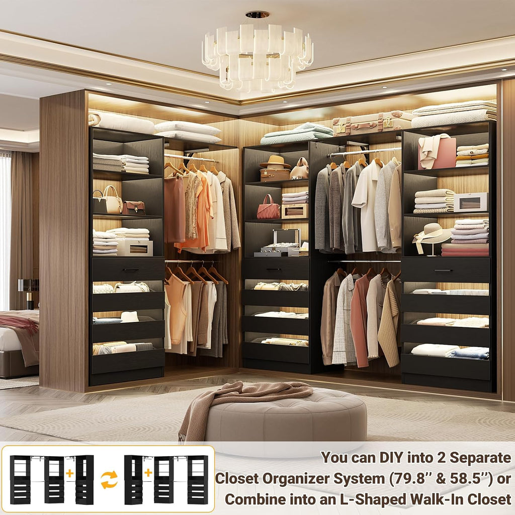 Closet System with 12 Drawers, 138.5" Wood Closet Organizer System with 4 Hanging Rods & Top Shelves, 6.7+4.85Ft L