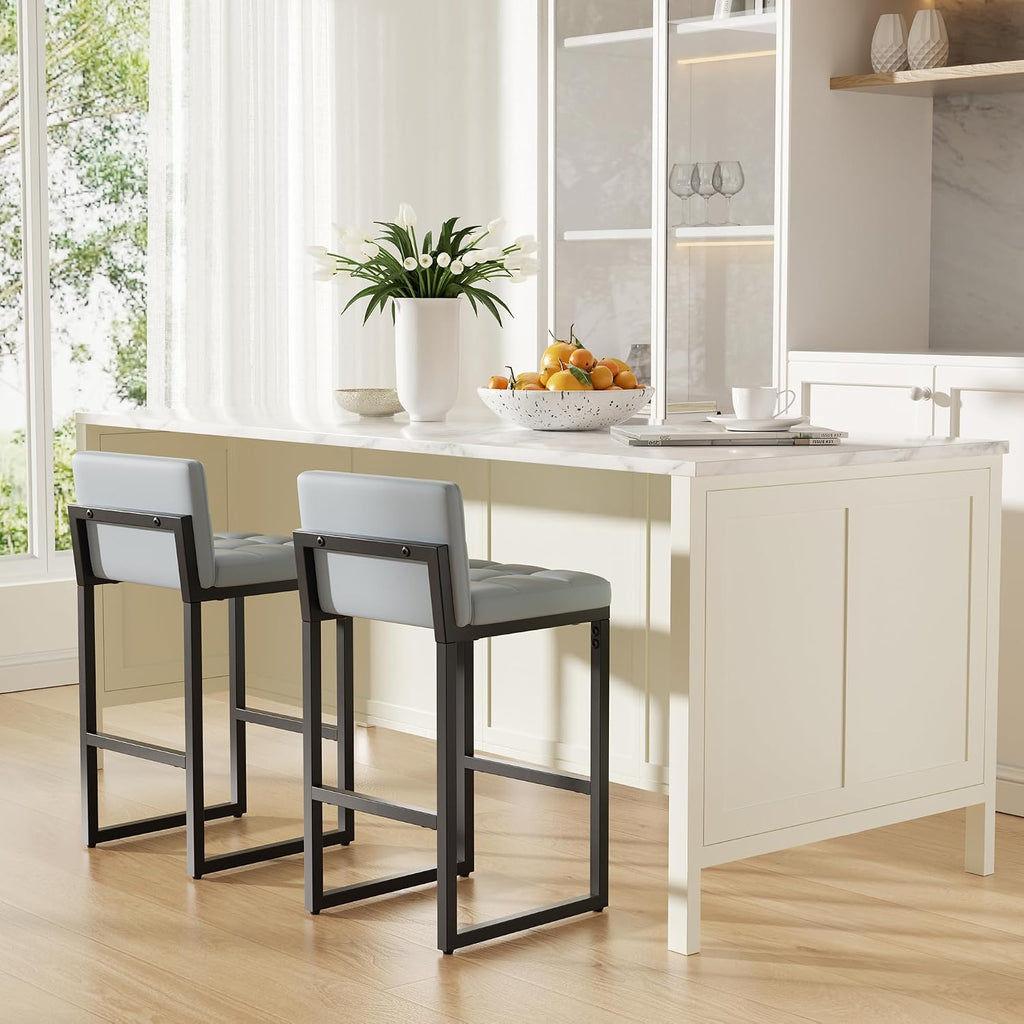 24" Bar Stools Set of 2, Modern Faux Leather Counter Height Bar Stools with Low Back and Footrest, Sturdy Thickened