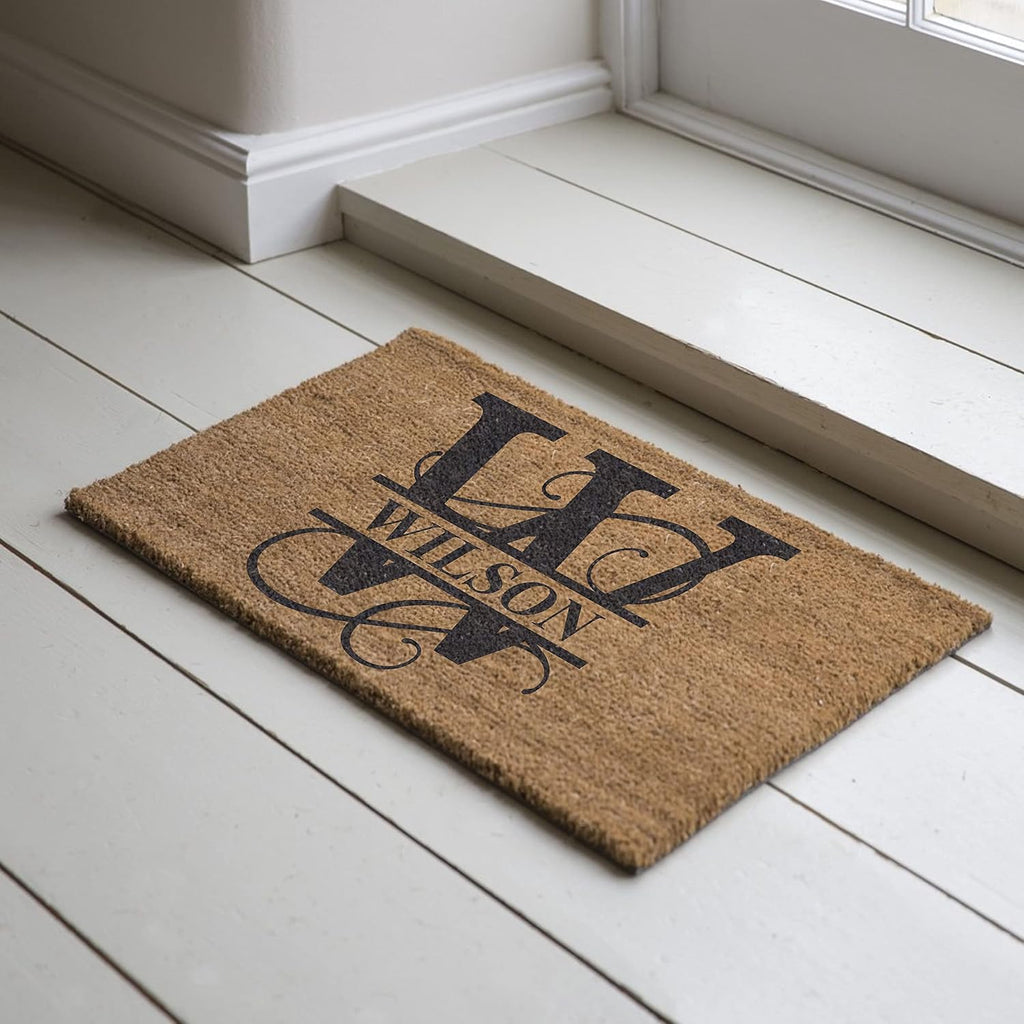 Personalized Split Monogram Coir Doormat 24x36 - Custom Front Door Mat | natural coconut husk, 3/4in thick, printed