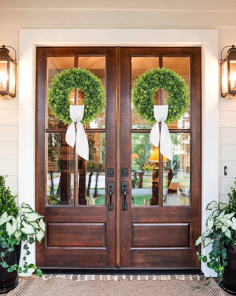 22 Inch Artificial Boxwood Wreaths for Front Door with Sash Outdoor Summer Wreath for Front Door, Spring Green Wreath