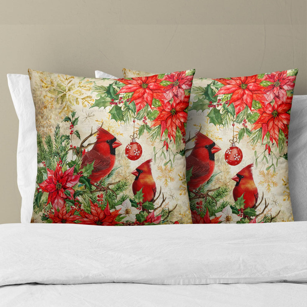 Xmas Bird Winter Holly Pillow Covers 16 x 16 Inch Red Poinsettias Berry Pine Cone Square Seasonal Decorative Pillow