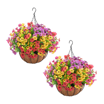 2 Set Artificial Flowers Faux Hanging Plants Basket for Spring Summer Outdoor Outside Decoration, Fake Silk UV Sun