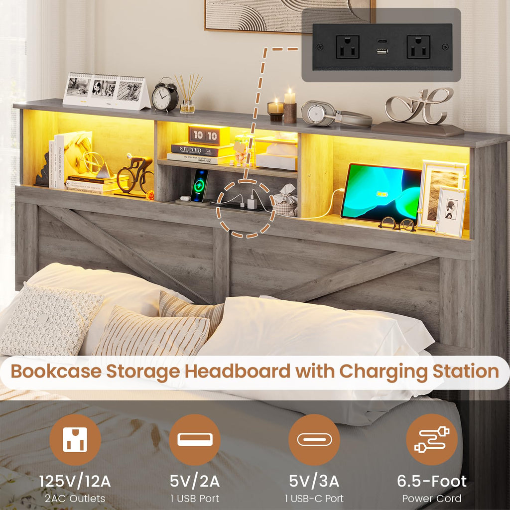 Farmhouse Bed Frame with Bookcase Storage Headboard, Charging Station and LED Lights, Wooden Bed