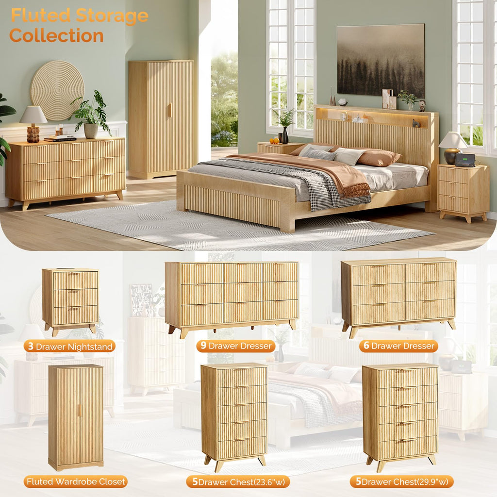 Armoire Wardrobe Closet with Doors, Fluted Wardrobe Armoire, Wooden Closet