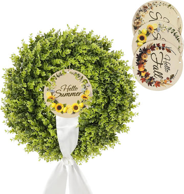 20 Inch Faux Boxwood Wreath with 3 Double-Sided Wooden Signs