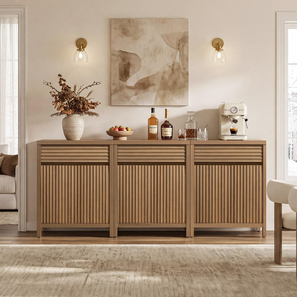 87" Fluted Buffet Cabinet with Drawers, Large Modern Credenza
