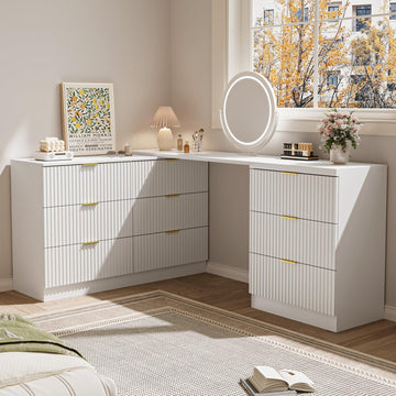 L-Shaped Rotatable 9 Drawer, 71" Wide Deformable White with Gold Metal Handles, Modern Fluted Chest of Drawers