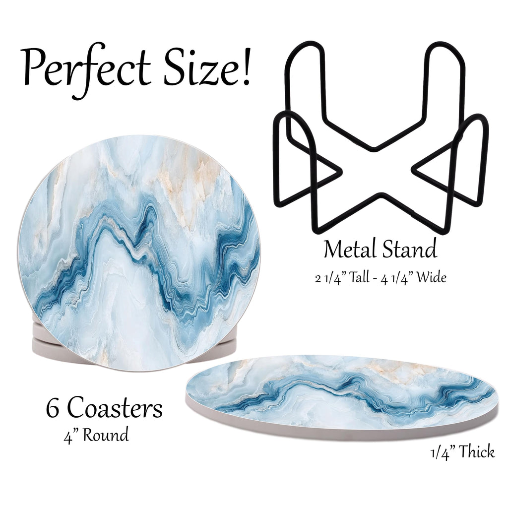 Blue Agate Marble Round Coasters Set of 6 - Abosrbent Ceramic Coasters with Metal Stand for Drinks, Coffee, Non-Slip