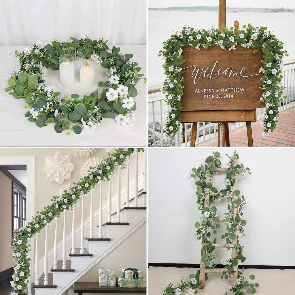Artificial Eucalyptus Garland with Morning Glory Flowers, 2 Pack Faux Eucalyptus Leaves Greenery Garland Hanging - Set of 2