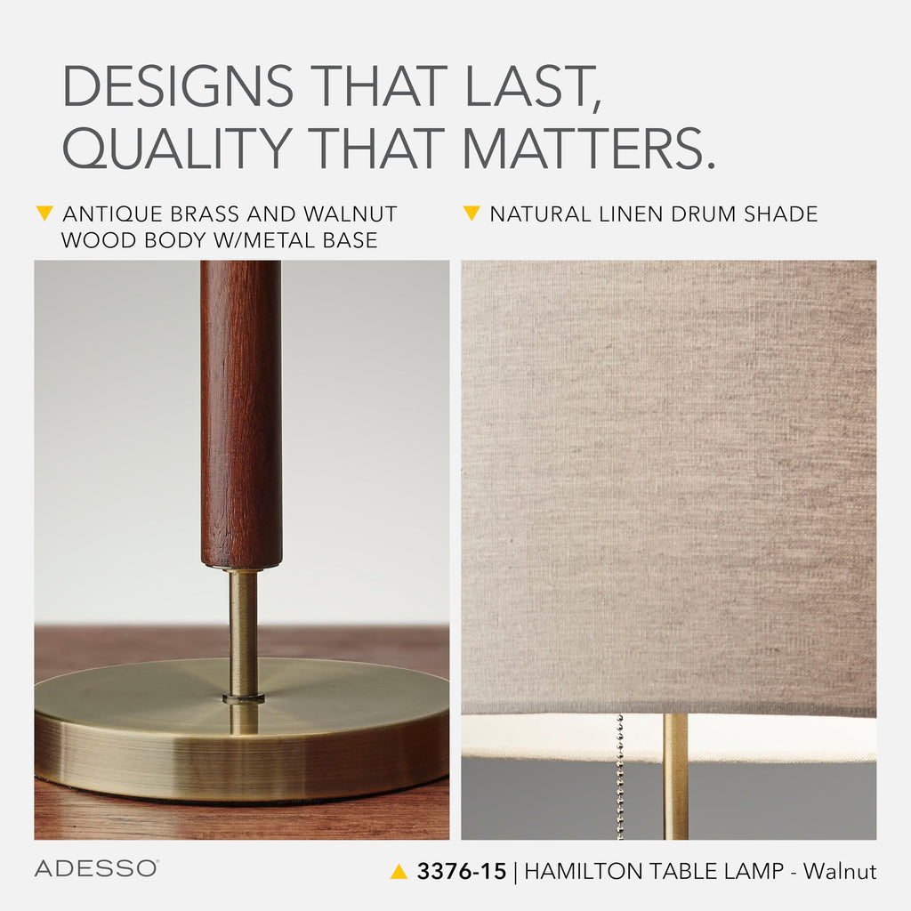 3376-15 Hamilton Table Lamp, 26.25 in, 100W Incandescent/26W CFL, Walnut Eucalyptus Wood/Antique Brass, 1 Modern