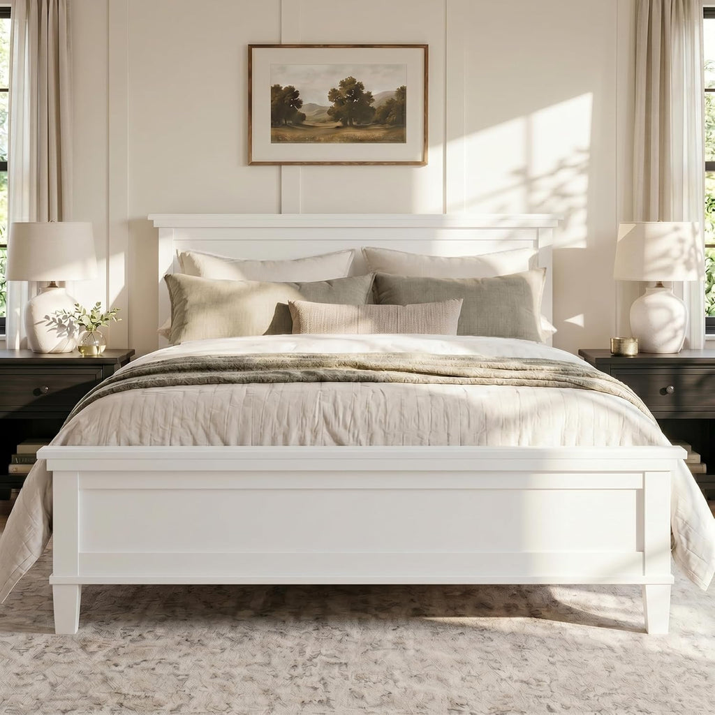 Queen Wood Platform Bed Frame with Headboard, Farmhouse Bed Frame, Mid-Century Modern Bedroom Furniture, Wood Slat