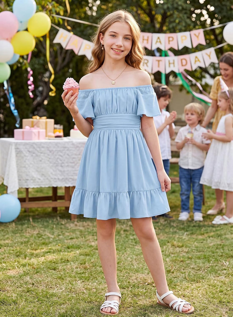 Girls Summer Tie Back Dresses Kids Off Shoulder Dress