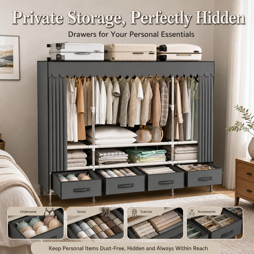 Portable Closet with Drawers 55" Wardrobe Closet Black