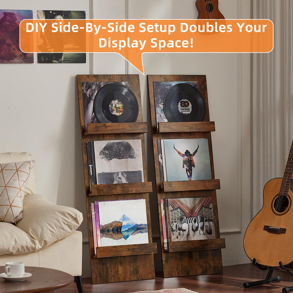 Wall-Leaning Vinyl Record Holder Set of 2 with 3 Tier Display Shelf, 47.5'' Tall Record Storage Magazine Holder