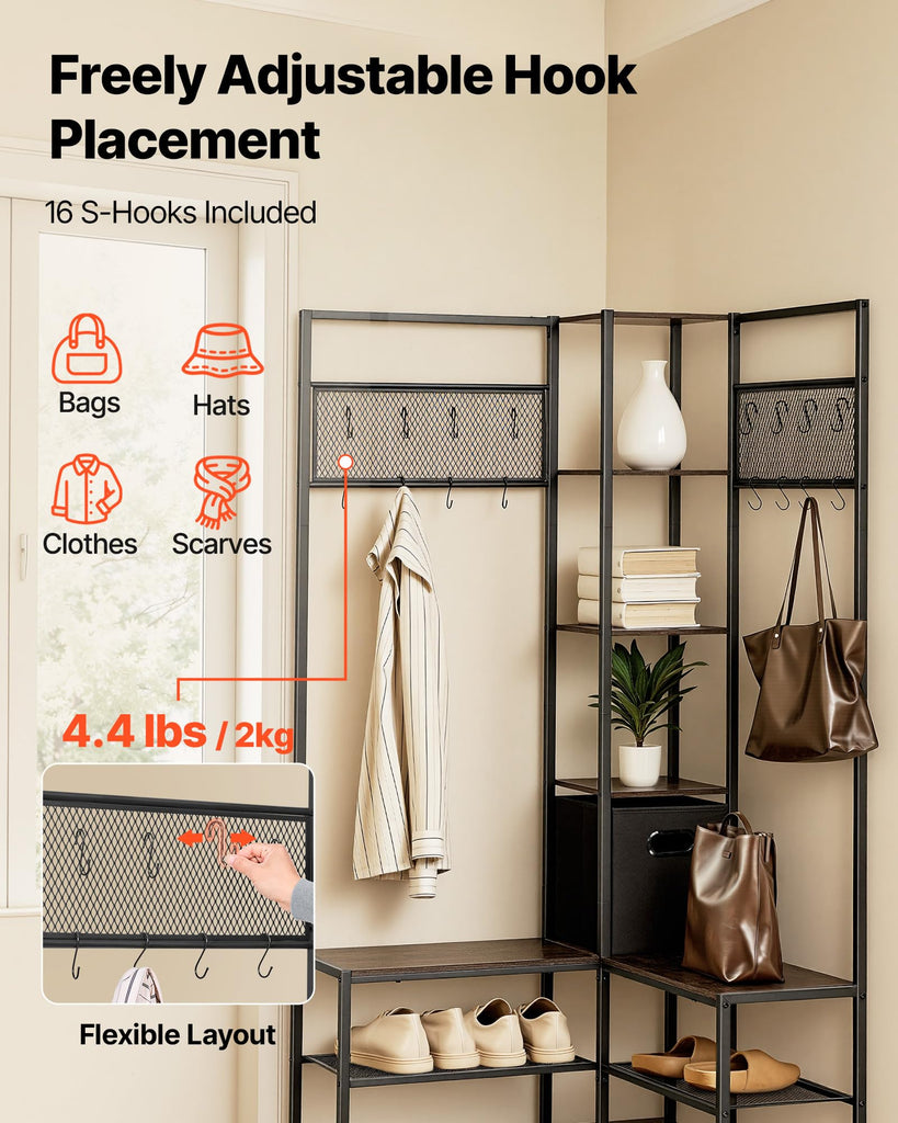 Corner Hall Tree with Shoe Bench, 70.9 in Coat Rack with Hooks and Steel Frame, Freestanding Clothes Shoes Rack