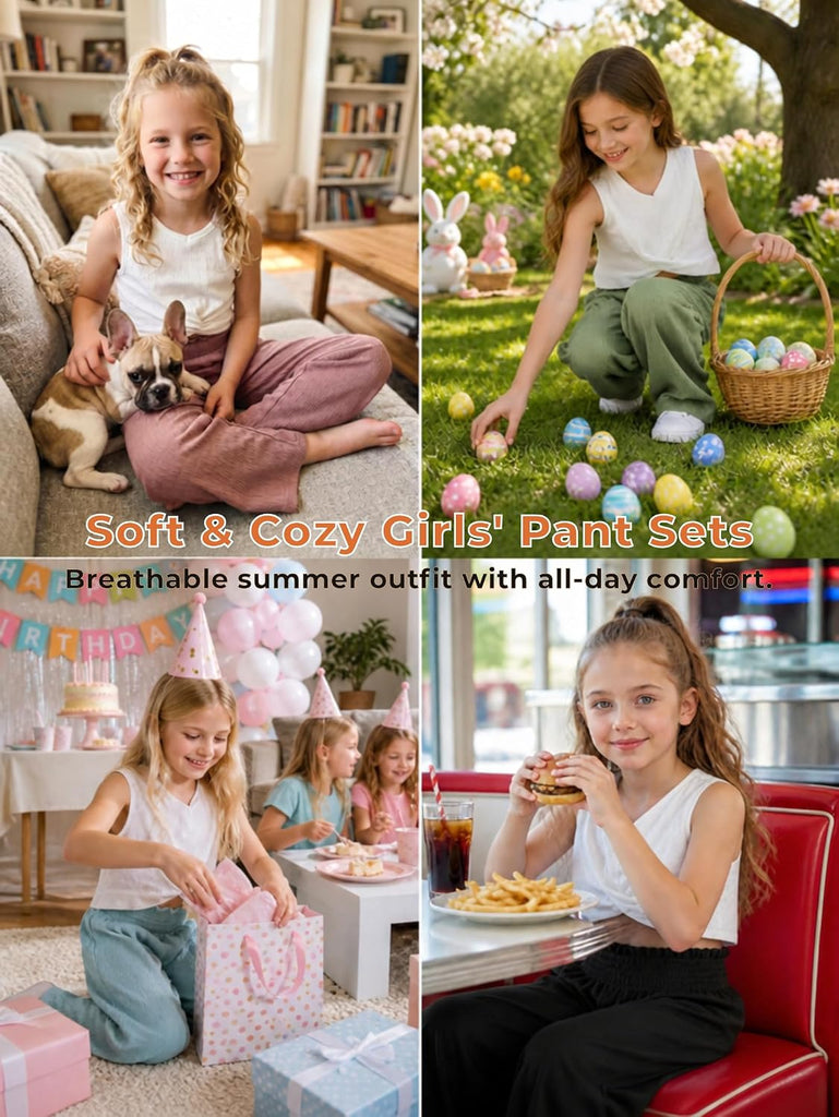 Girls' Clothing Sets Sleeveless Bow Crop Top Wide Leg Linen Pants 2026 Summer Outfits Cute Kids Clothes