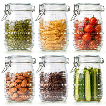 Glass Pantry Jars with Airtight Lids 34 oz 6 Pack Wide Mouth Hobnail