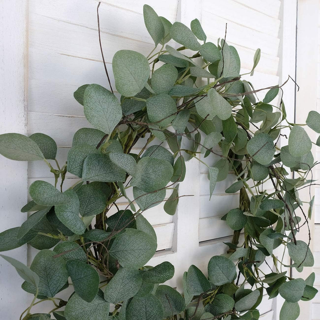 Eucalyptus Leaves Wreath Metal Polyester Fabric Paper Round Green Wreath 22 Inches for The Front Door Decor