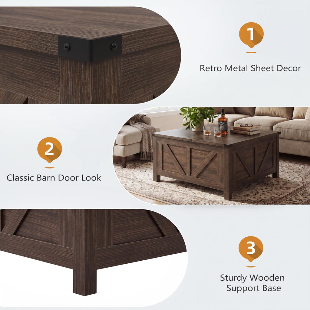 35" Farmhouse Coffee Table, Rustic Center Table with Lift Top