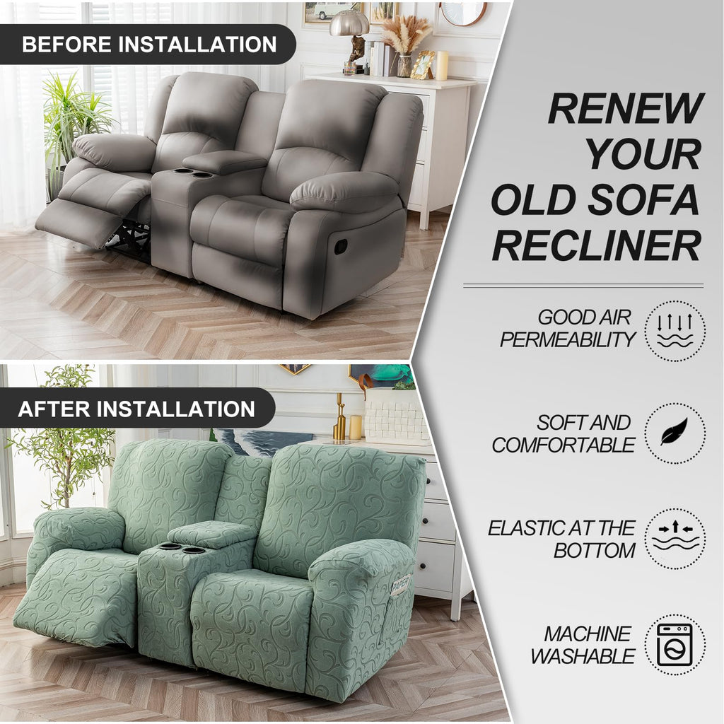 Recliner Loveseat Cover with Center Console, 2 Seater Jacquard Recliner Sofa Slipcover with Pockets Washable Stretch