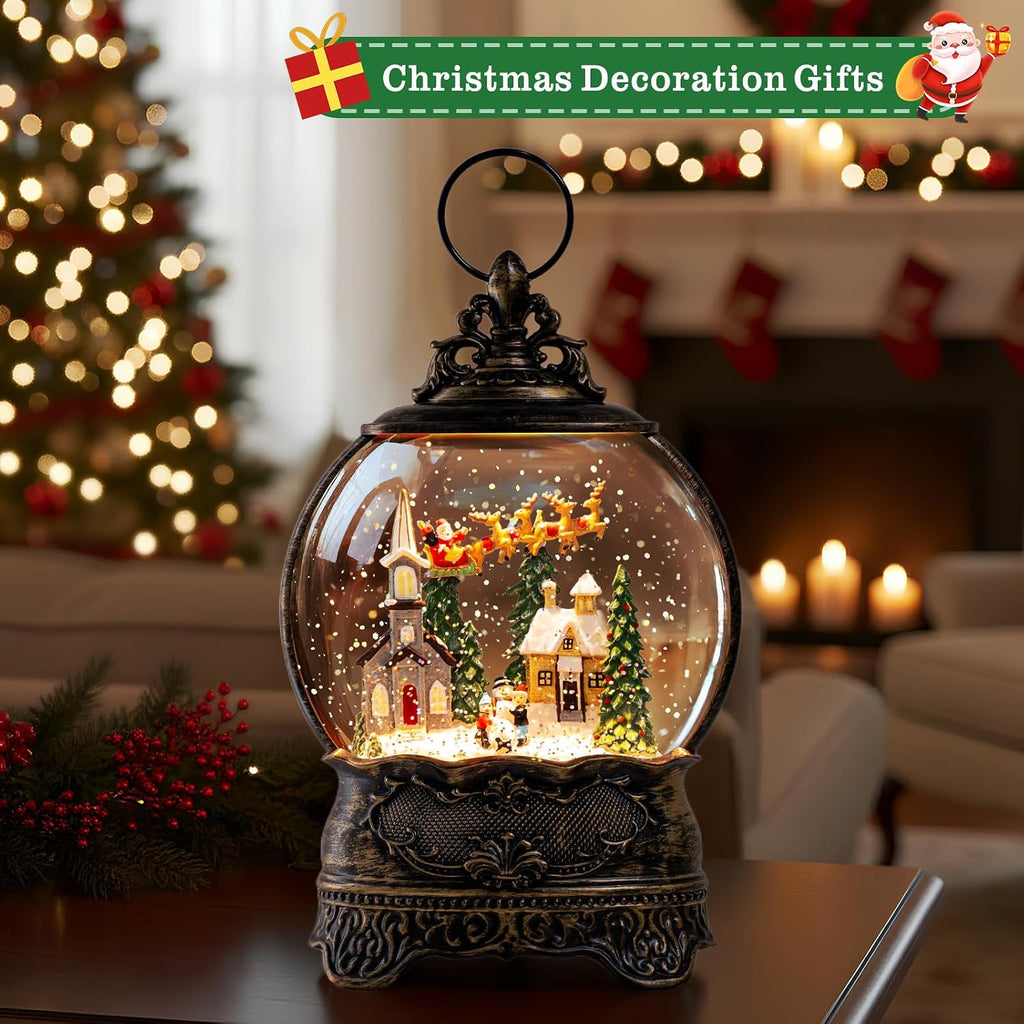 Christmas Snow Globes Lantern Snow Globe with Music Water Lantern Santa Flying Scene Elk Lighted Swirling Water