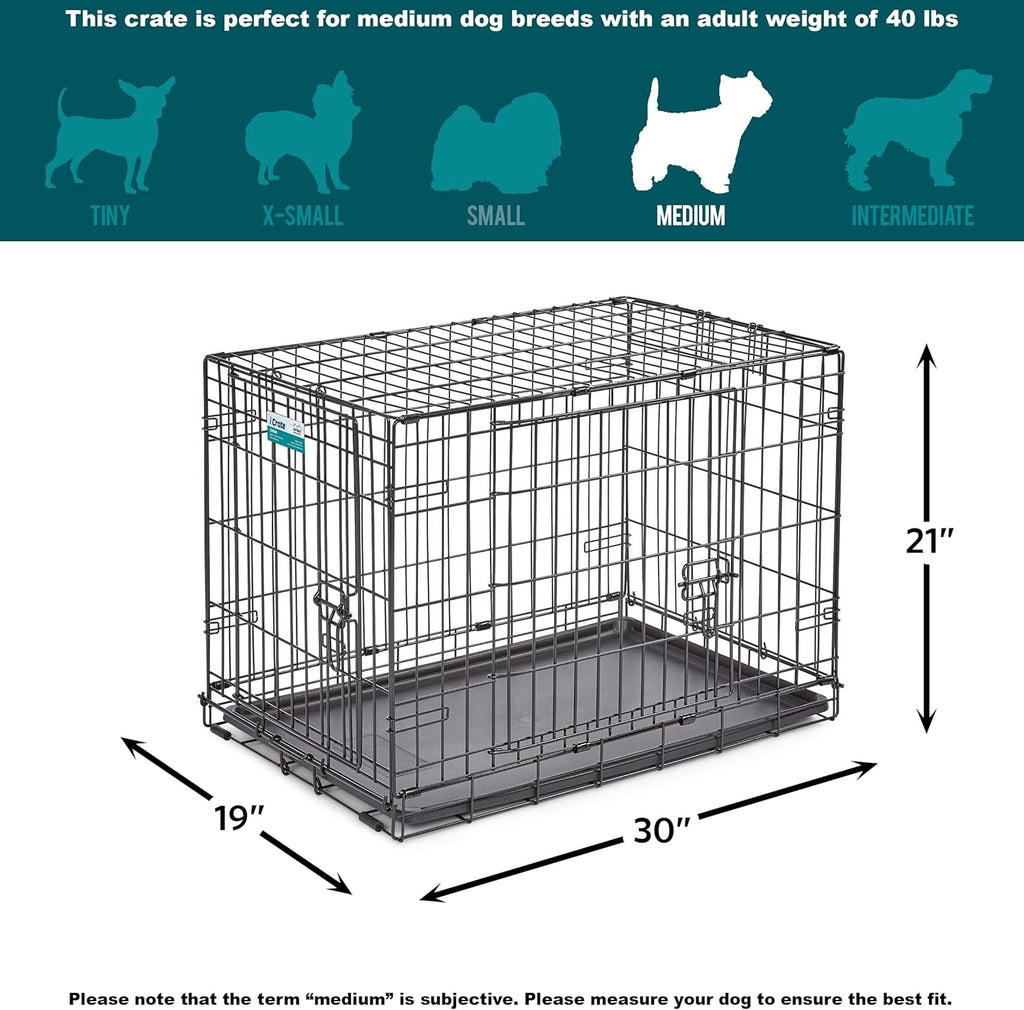 30-Inch iCrate for Medium Breeds, 21-40 lbs, Double Door Folding Dog Crate with Divider Panel